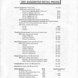 2001 Independent Fabrication Pricelist