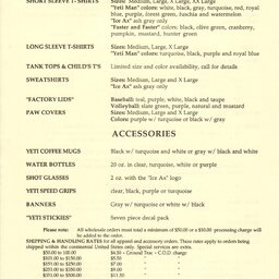 1994 Yeti Price List
