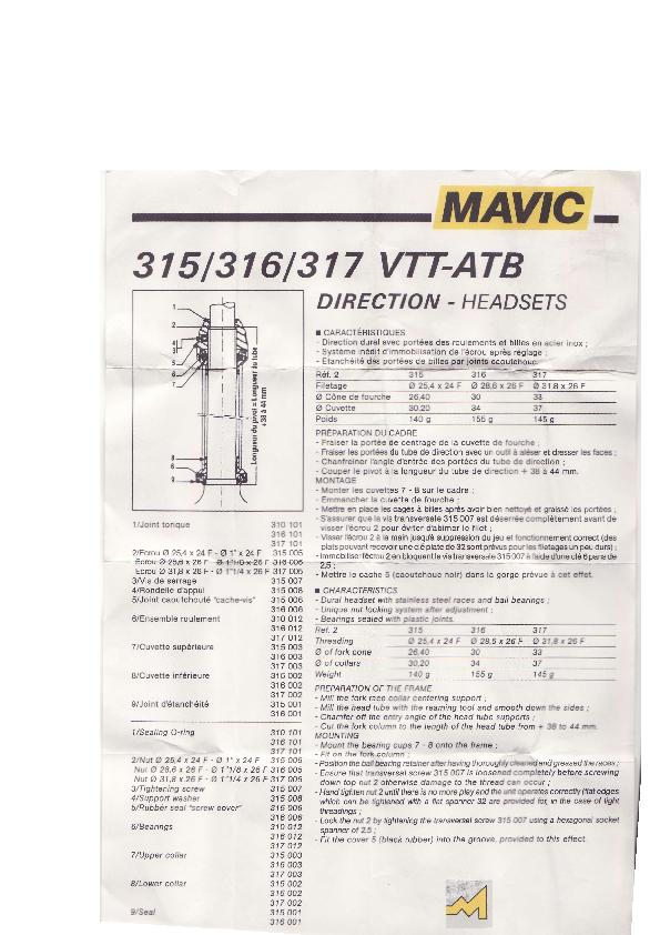 Mavic 315 316 317 Headset Directions