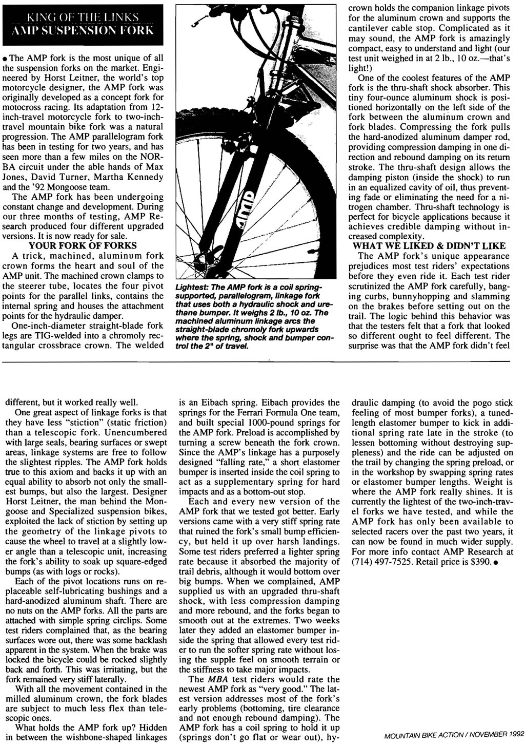 Suspension Fork Review MBA NOV 1992