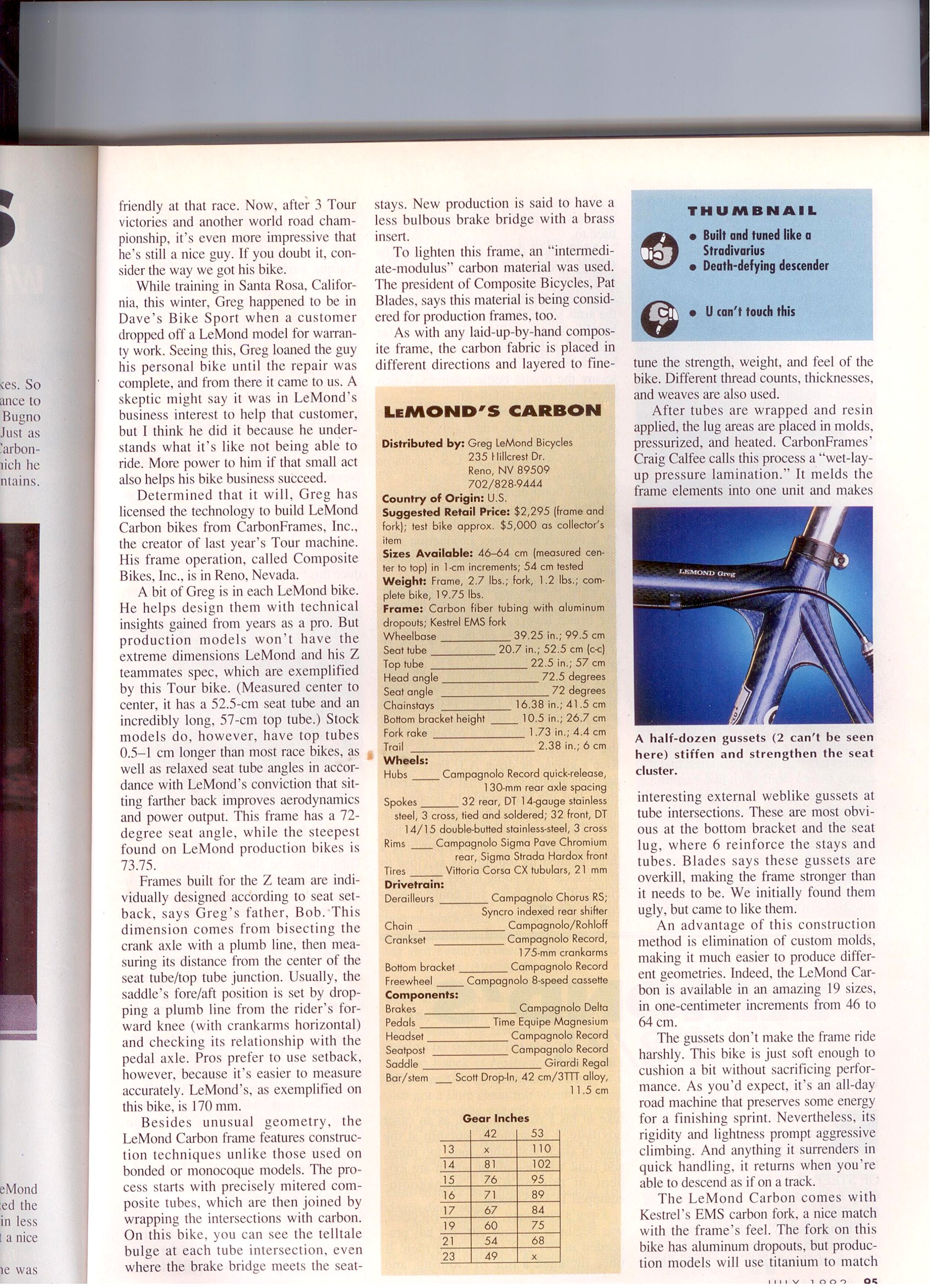 Lemond Titanium and Carbon review Bicycling 1992 page 2