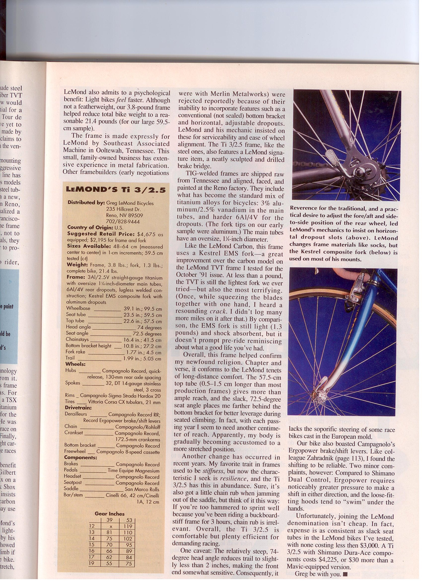 Lemond Titanium and Carbon review Bicycling 1992 page 4