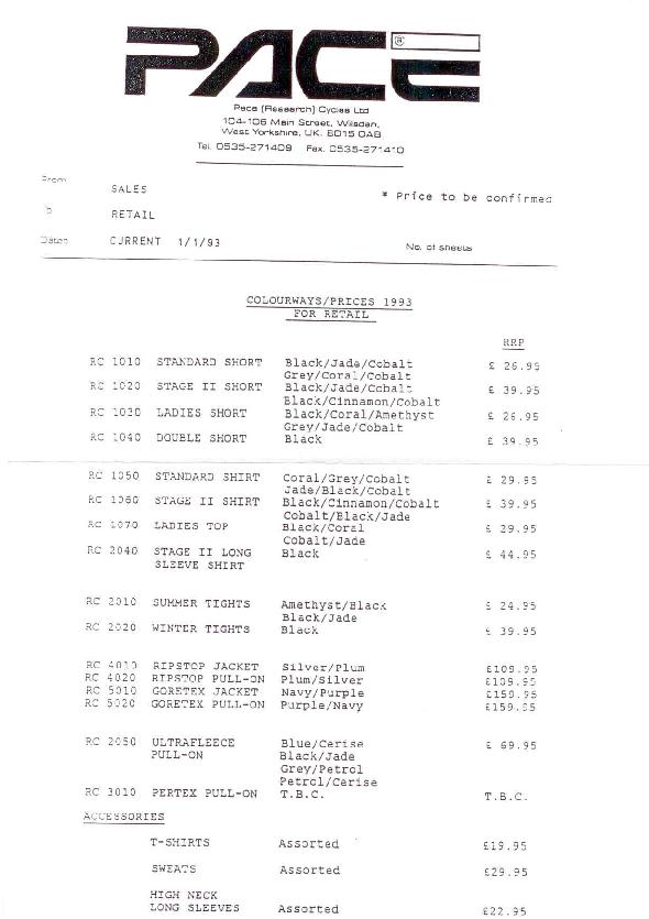 Pace price list 1993